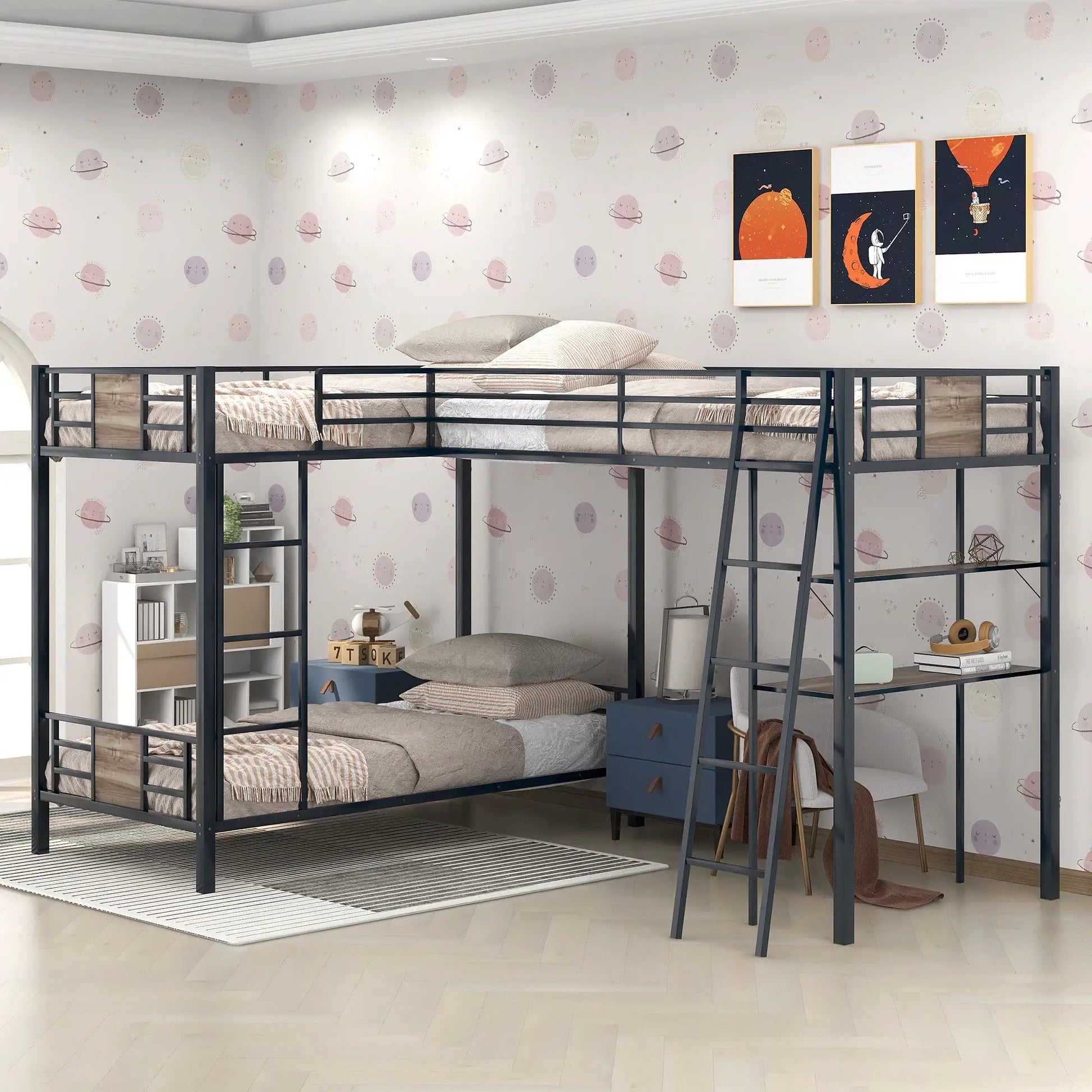 L-shaped bunk bed with two twin beds in a dark metal frame and built-in desk on Tampa Home & Garden Store