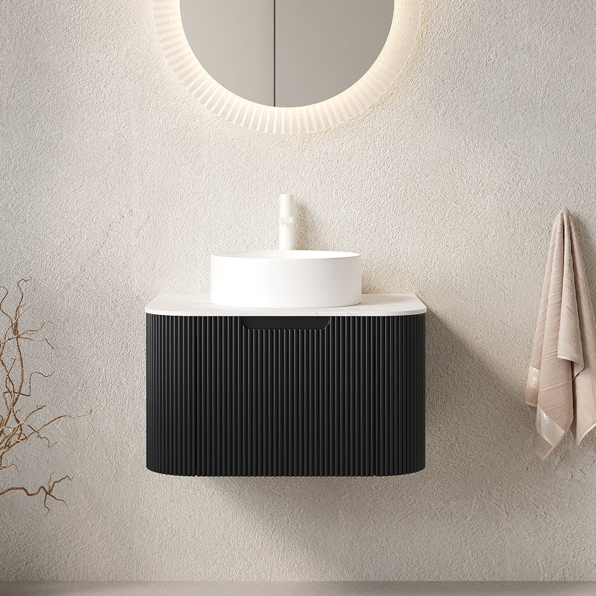 24in bathroom vanity with white vessel sink on a ribbed black cabinet and round backlit mirror on Tampa Home & Garden Store