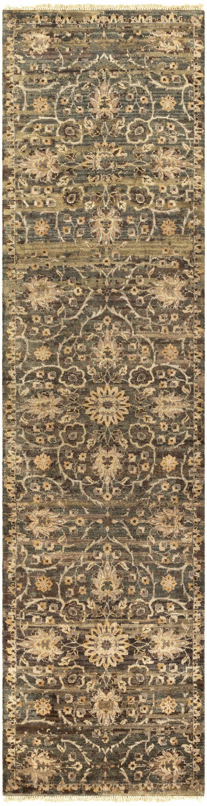 Andrew Brown&Sage Premium Wool Rug by Boutique Rugs in muted green beige with ornate motif on Tampa Home & Garden Store