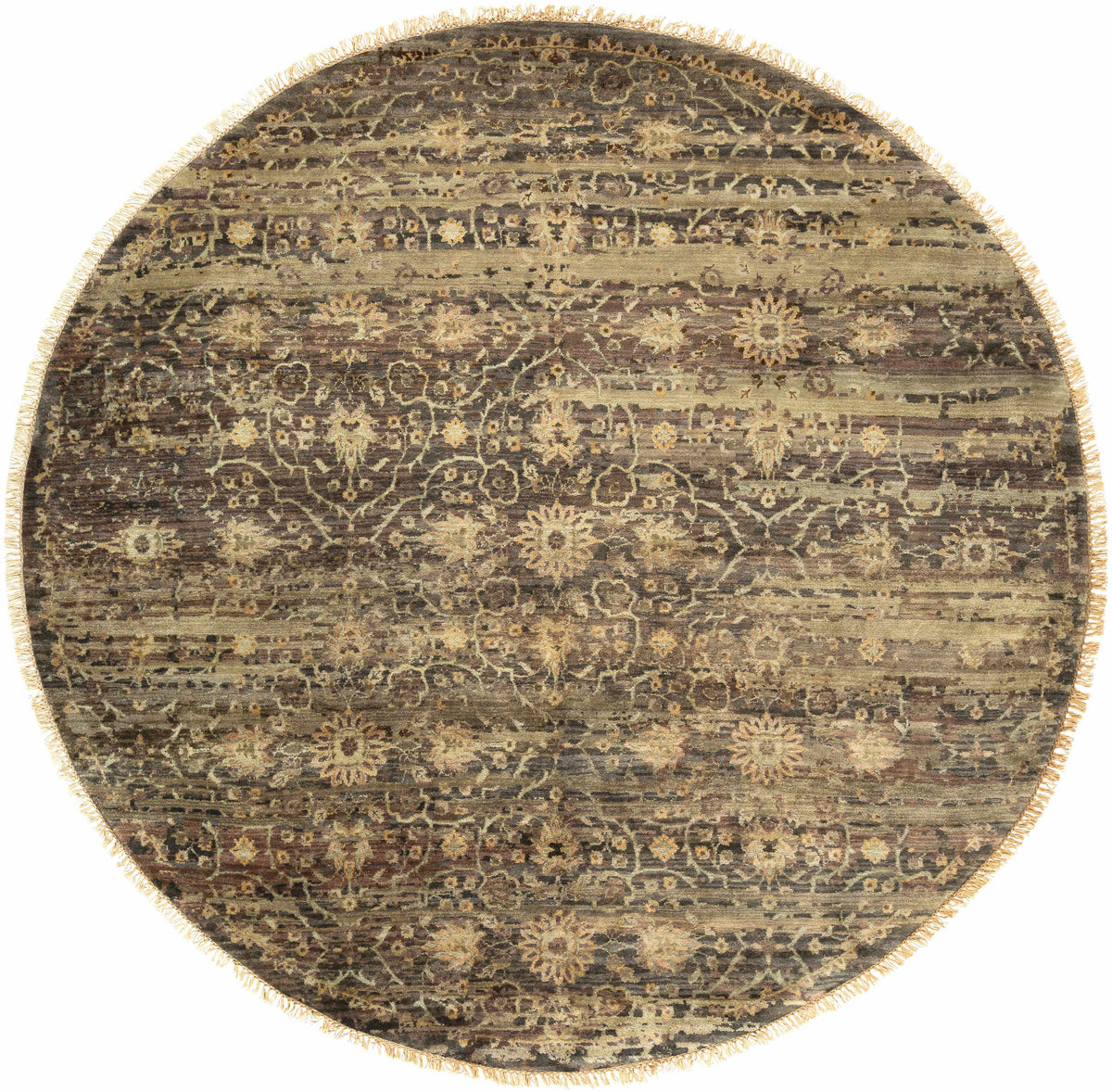 Boutique Rugs Andrew Brown&Sage Wool Rug round distressed floral beige fringe on Tampa Home & Garden Store
