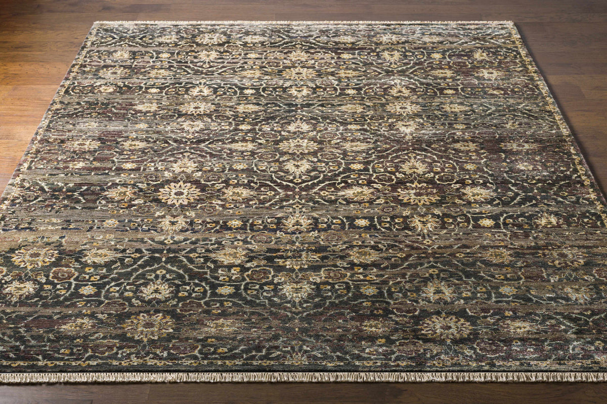 Wool rug Andrew Brown&Sage Premium by Boutique Rugs with dark floral pattern and fringe on Tampa Home & Garden Store