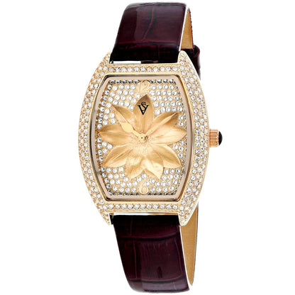 Christian Van Sant Lotus watch gold-tone case with crystals rose flower dial brown leather strap on Tampa Home & Garden Store