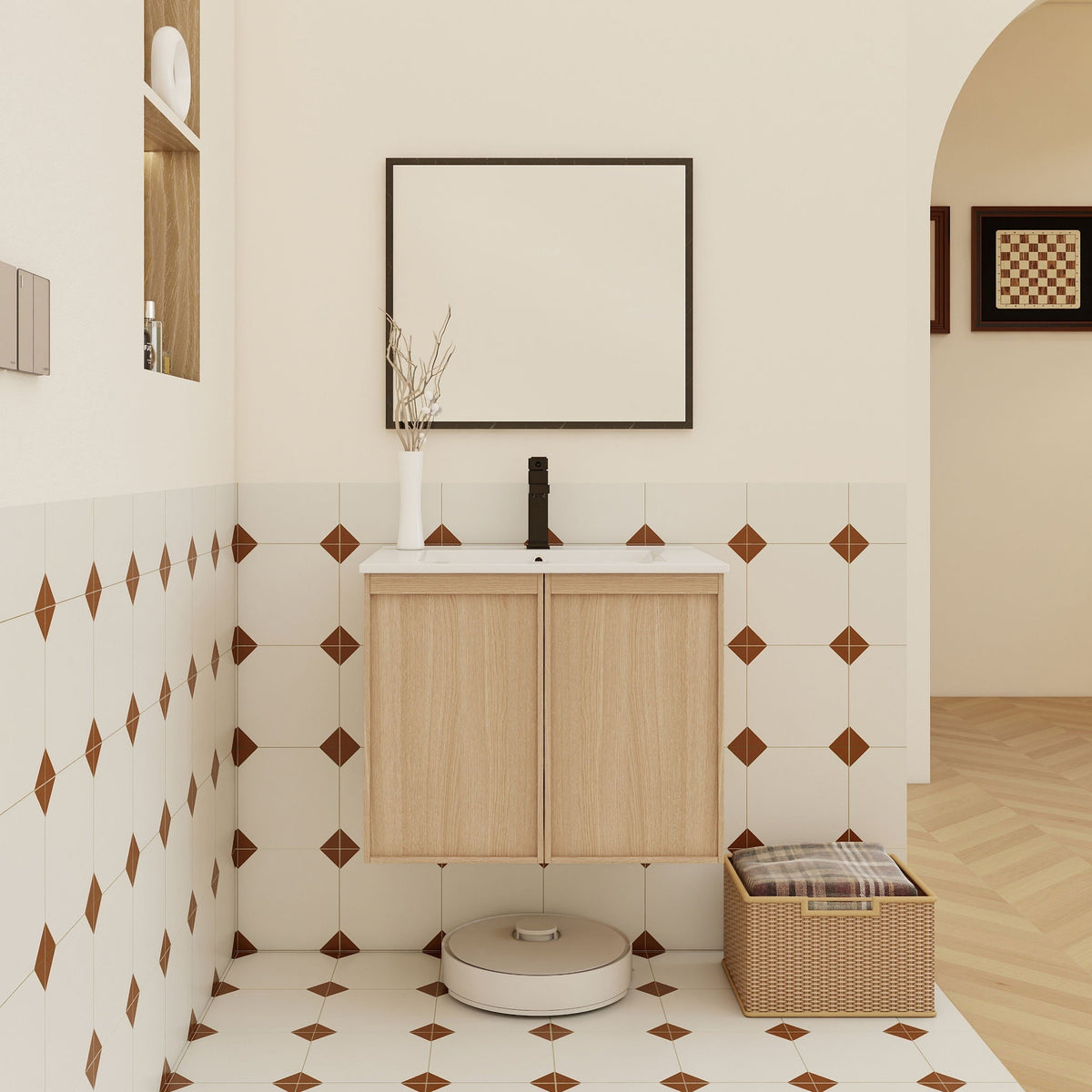 Floating bathroom vanity with sink in light brown wood, soft-close doors by HouseOfZazla on Tampa Home & Garden Store