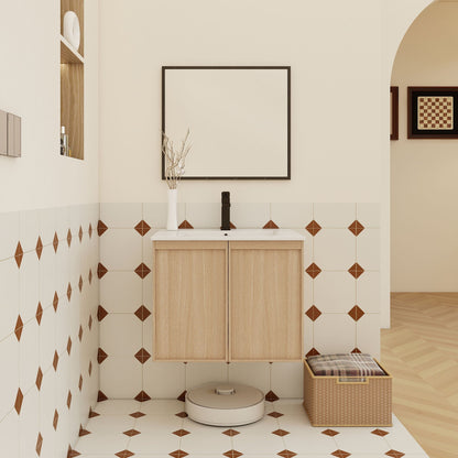Floating bathroom vanity with sink in light brown wood, soft-close doors by HouseOfZazla on Tampa Home & Garden Store