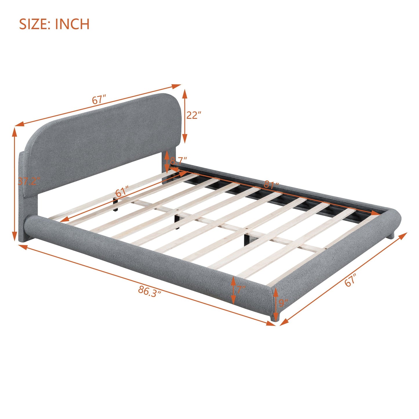 HouseOfZazla upholstered platform bed with gray fabric headboard and curved frame slat base on Tampa Home & Garden Store