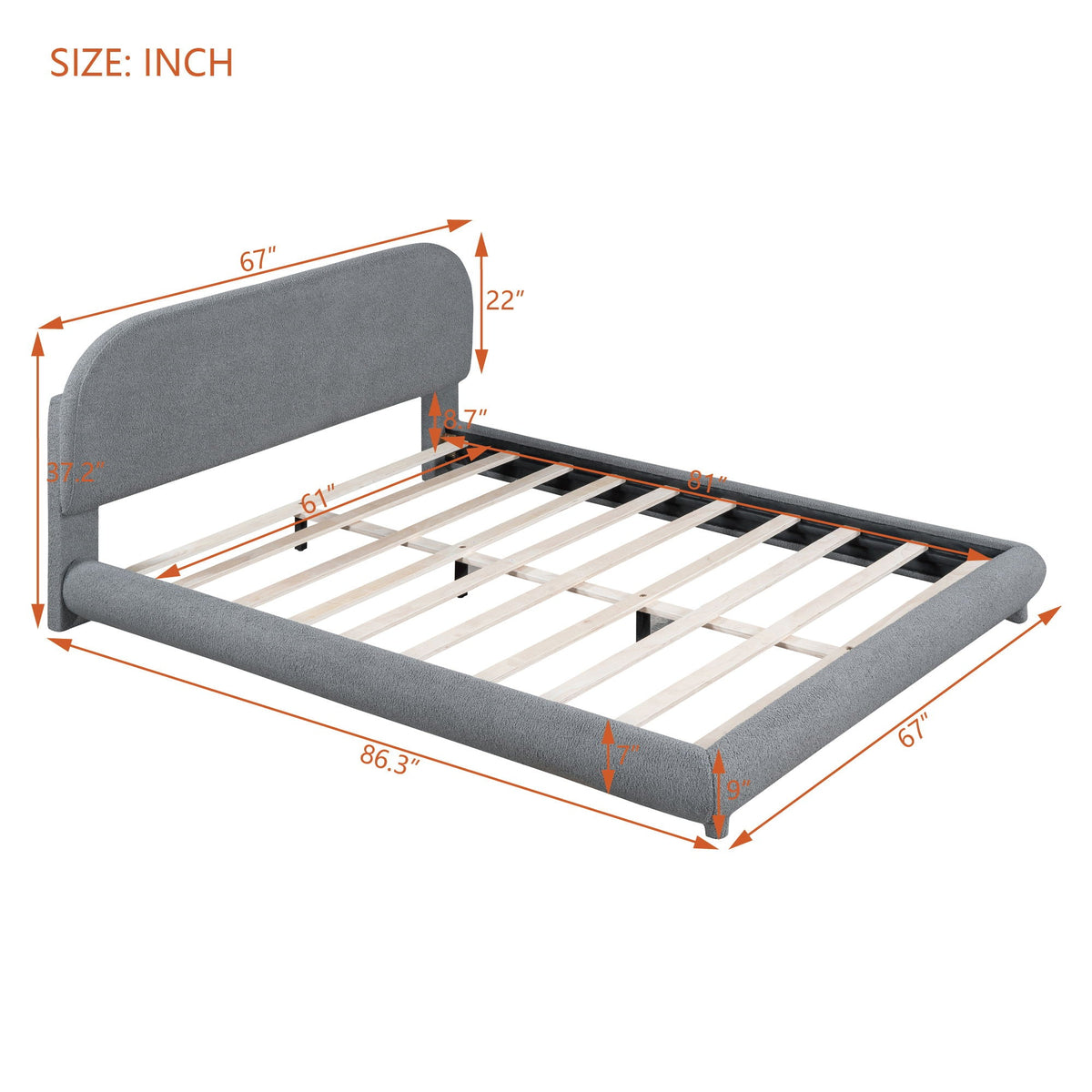 HouseOfZazla upholstered platform bed with gray fabric headboard and curved frame slat base on Tampa Home & Garden Store