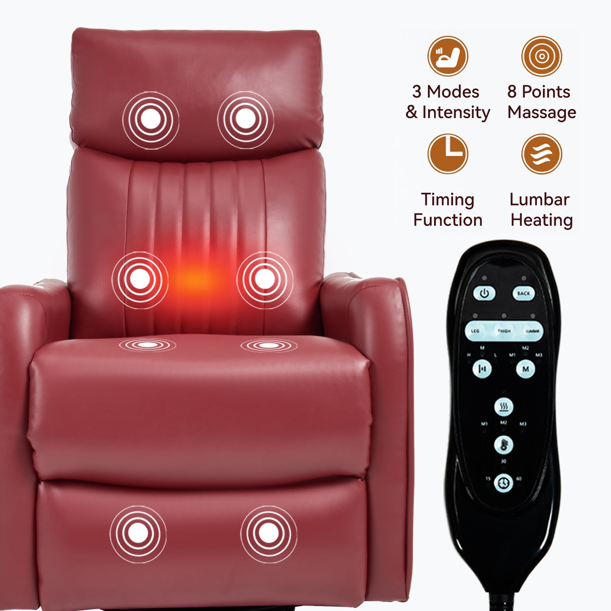 Red faux leather heat massage recliner chair with rocker and swivel; remote from HouseOfZazla on Tampa Home & Garden Store