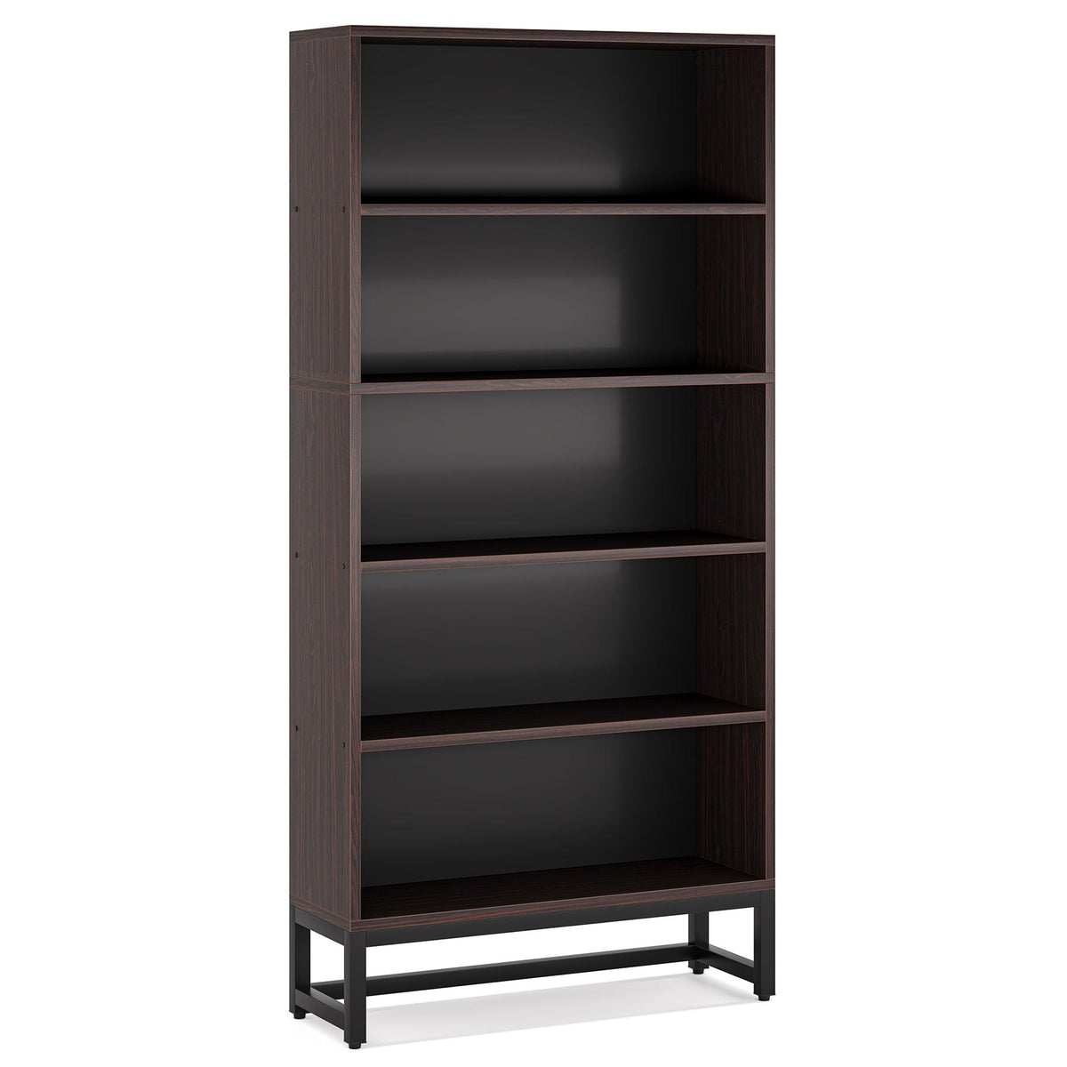 5-tier heavy duty bookshelf in dark brown wood veneer with black steel frame HouseOfZazla on Tampa Home & Garden Store