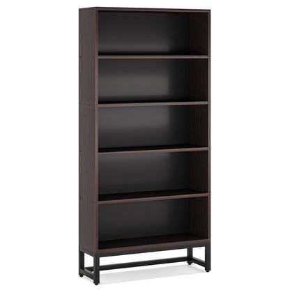 5-tier heavy duty bookshelf in dark brown wood veneer with black steel frame HouseOfZazla on Tampa Home & Garden Store