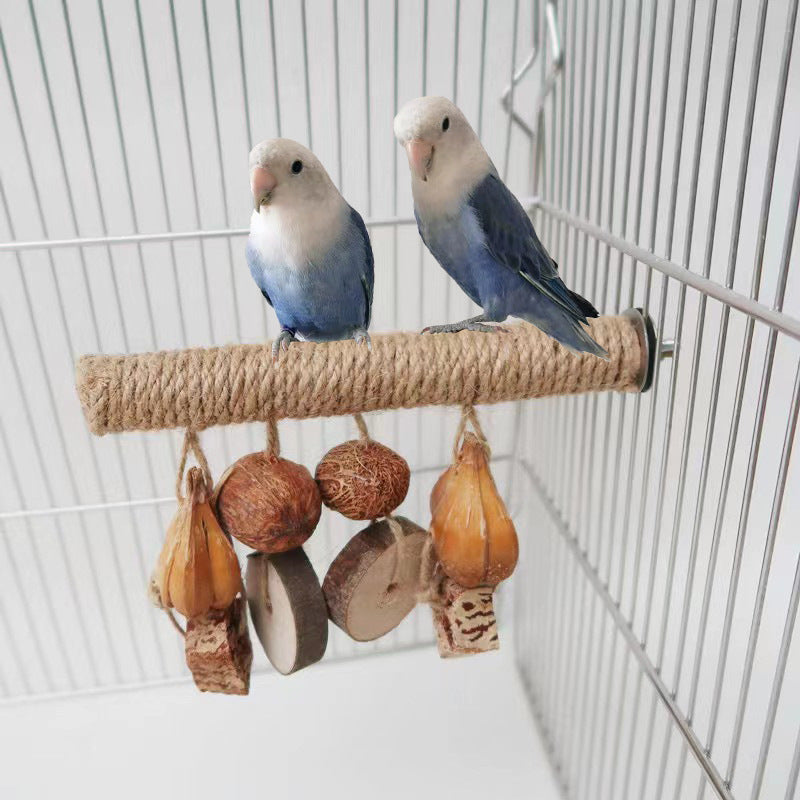 Parrot Supplies Stand Rod Hemp Rope Braided Bird Toy with two blue budgies on a rope perch on Tampa Home & Garden Store