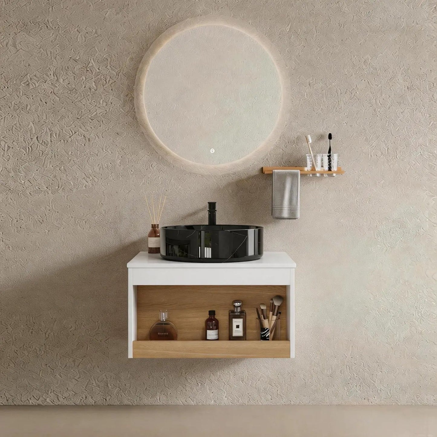 Floating Vanity with Vessel Sink and Open Shelf