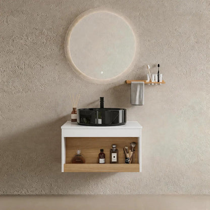 Floating Vanity with Vessel Sink and Open Shelf