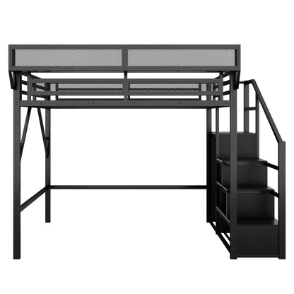 Queen Size loft bed with stairs and storage shelves in black metal frame on Tampa Home & Garden Store