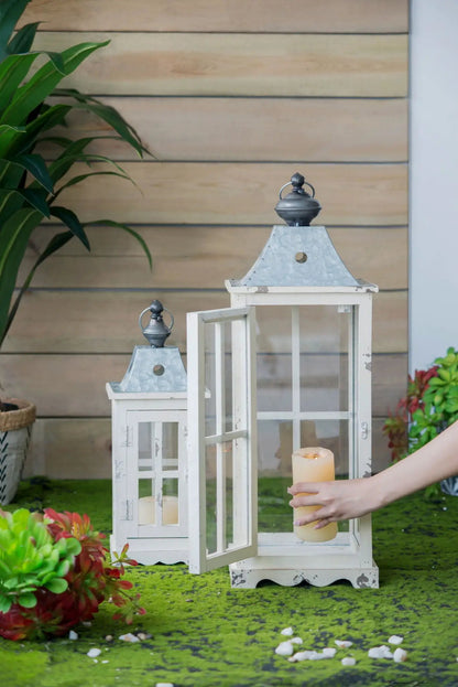 Wooden Candle Lantern in Ivory for Indoor Outdoor