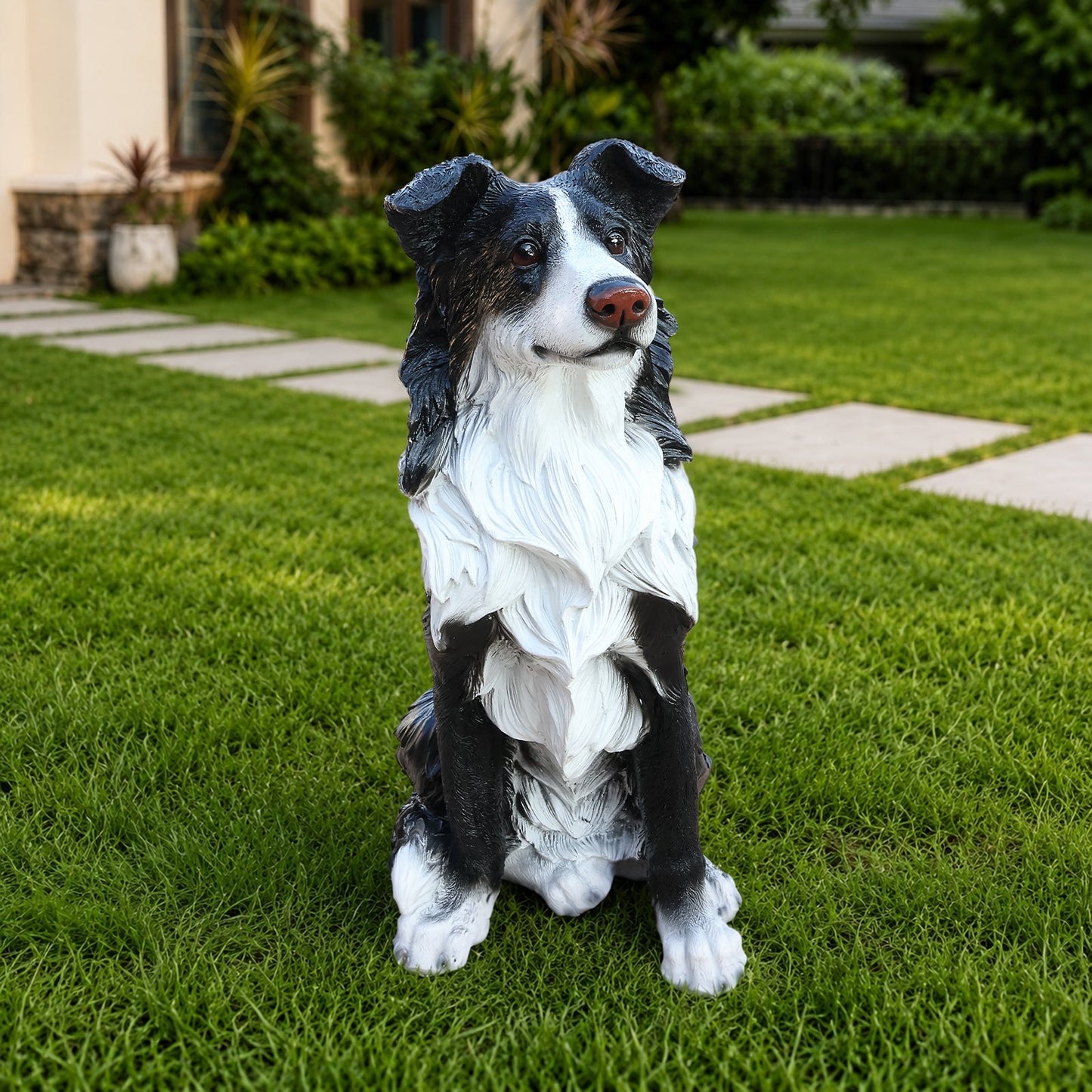 Outdoor Border Collie Dog Statue Greeter by HouseOfZazla black and white garden decor on Tampa Home & Garden Store