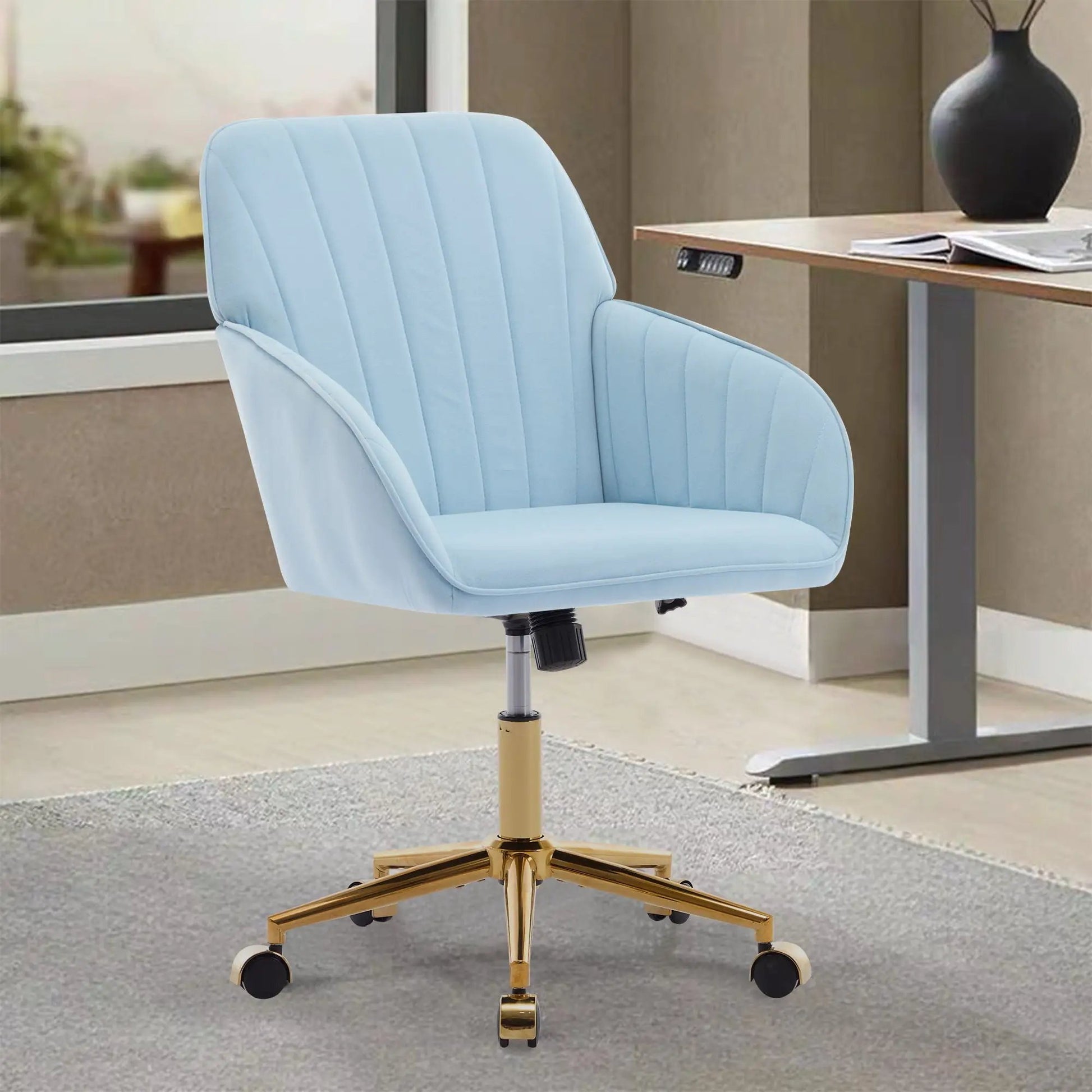 Adjustable Ergonomic Swivel Office Chair in blue with a gold-tone base and caster wheels on Tampa Home & Garden Store