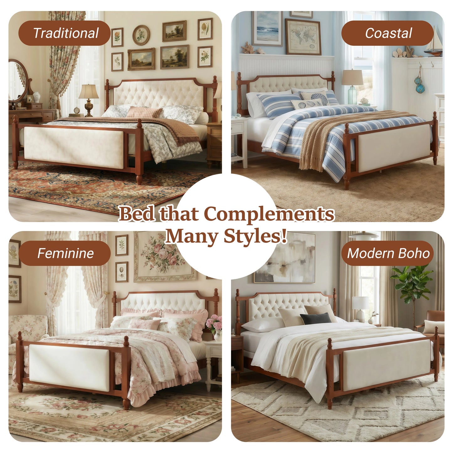 King Size Upholstered Platform Bed with Button Tufted Headboard; cream fabric, wood frame on Tampa Home & Garden Store