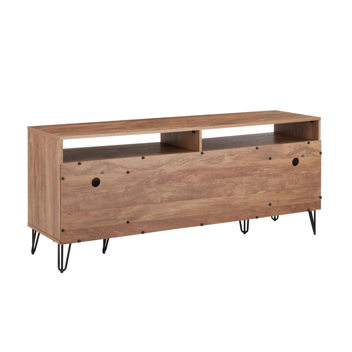 Fluted TV Stand with storage and metal legs in oak finish, two open cubbies and cable holes on Tampa Home & Garden Store