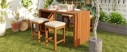 5 Piece Outdoor Bar Set by HouseOfZazla — wooden bar table with beige cushioned stools on Tampa Home & Garden Store