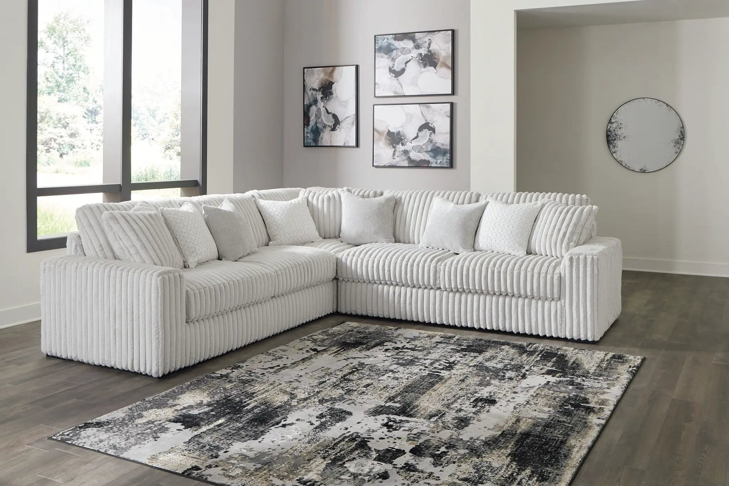 Stupendous - Sectional Unique Piece Furniture, light gray ribbed fabric stationary sofa on Tampa Home & Garden Store