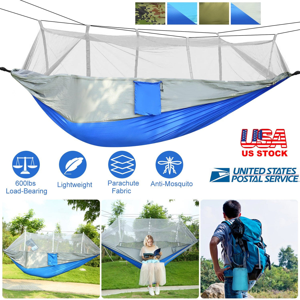 GemGear 600lbs Camping Hammock with Mosquito Net blue gray carry bag on Tampa Home & Garden Store