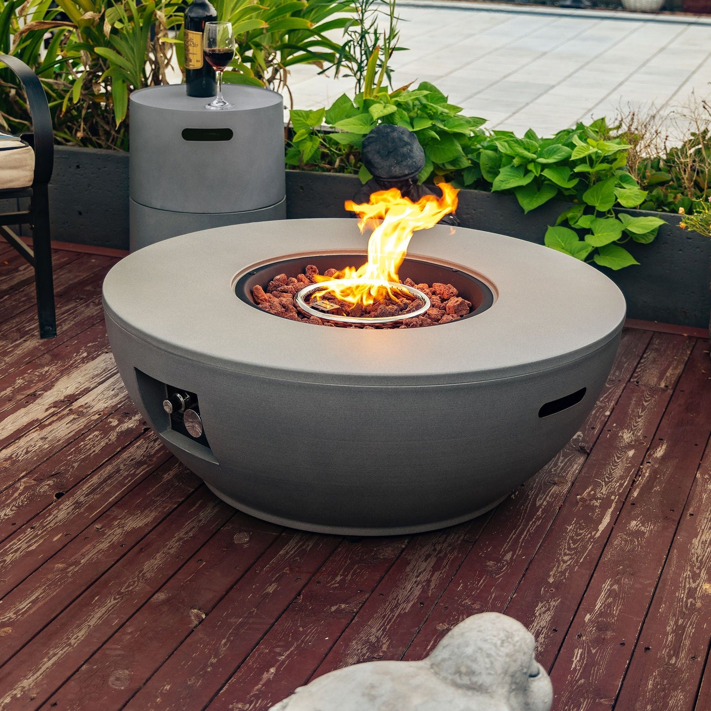 36in propane gas fire pit table in grey steel with lava rock flames on deck on Tampa Home & Garden Store
