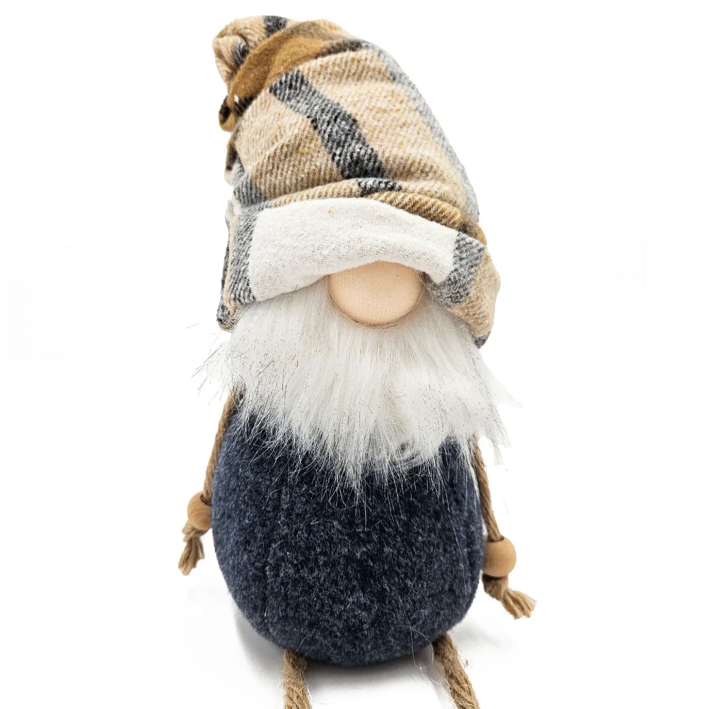 Gnome figurine with blue denim torso, brown plaid hat, and braided rope arms on Tampa Home & Garden Store