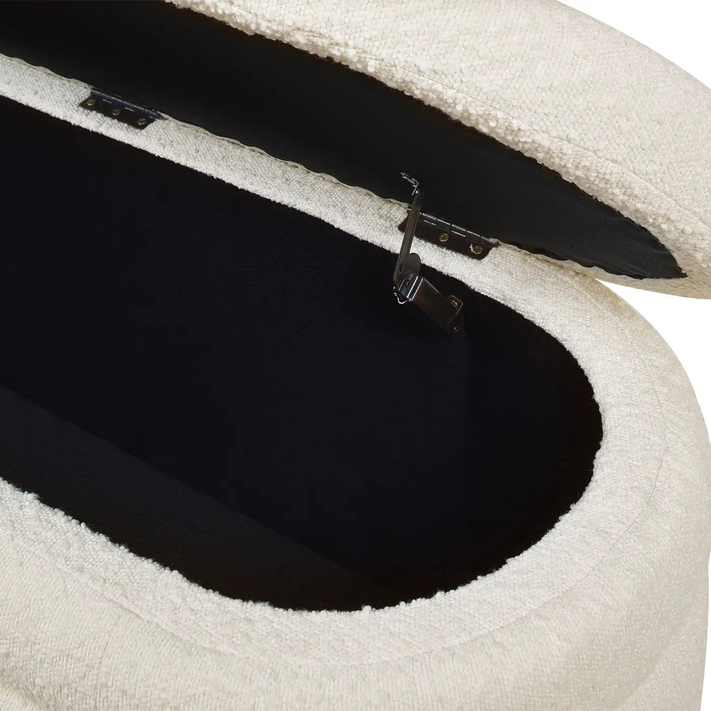Fuji Upholstered Oval Storage Bench, cream boucle exterior with black interior lid hardware on Tampa Home & Garden Store
