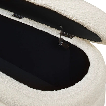 Fuji Upholstered Oval Storage Bench, cream boucle exterior with black interior lid hardware on Tampa Home & Garden Store