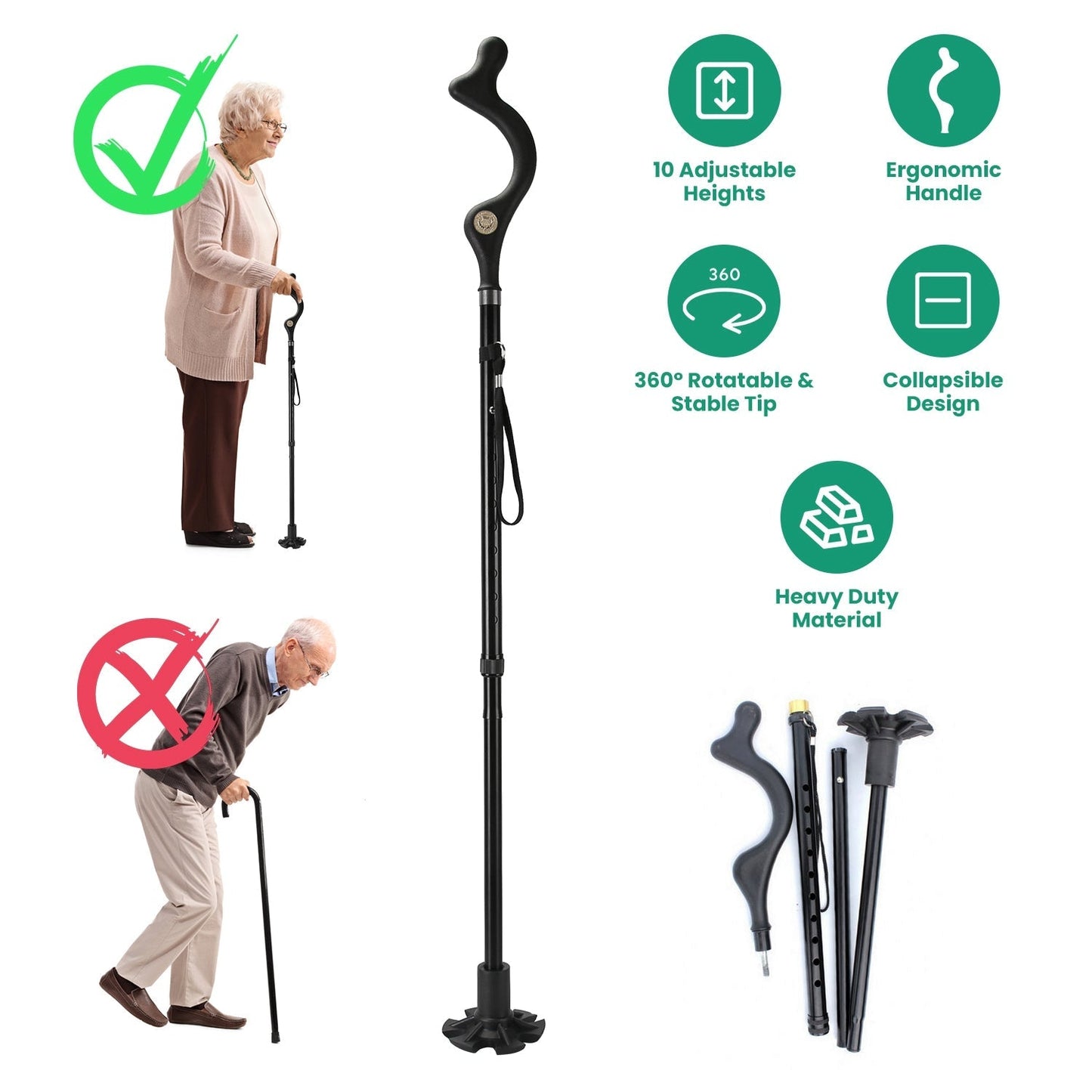 Posture cane by GemGear collapsible with 10-height adjustment for hiking on Tampa Home & Garden Store