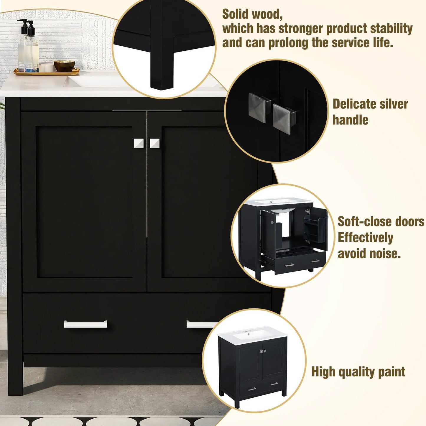 Black solid wood vanity with undermount sink, 2 doors and 1 drawer, soft-close on Tampa Home & Garden Store