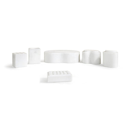 White marble bathroom organizers set with rectangular blocks, circular tray, and dish on Tampa Home & Garden Store