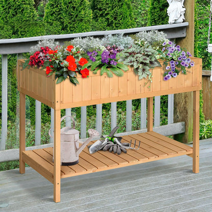 Outsunny 43in wooden raised garden bed with 8 pockets and shelf, natural wood planter on Tampa Home & Garden Store