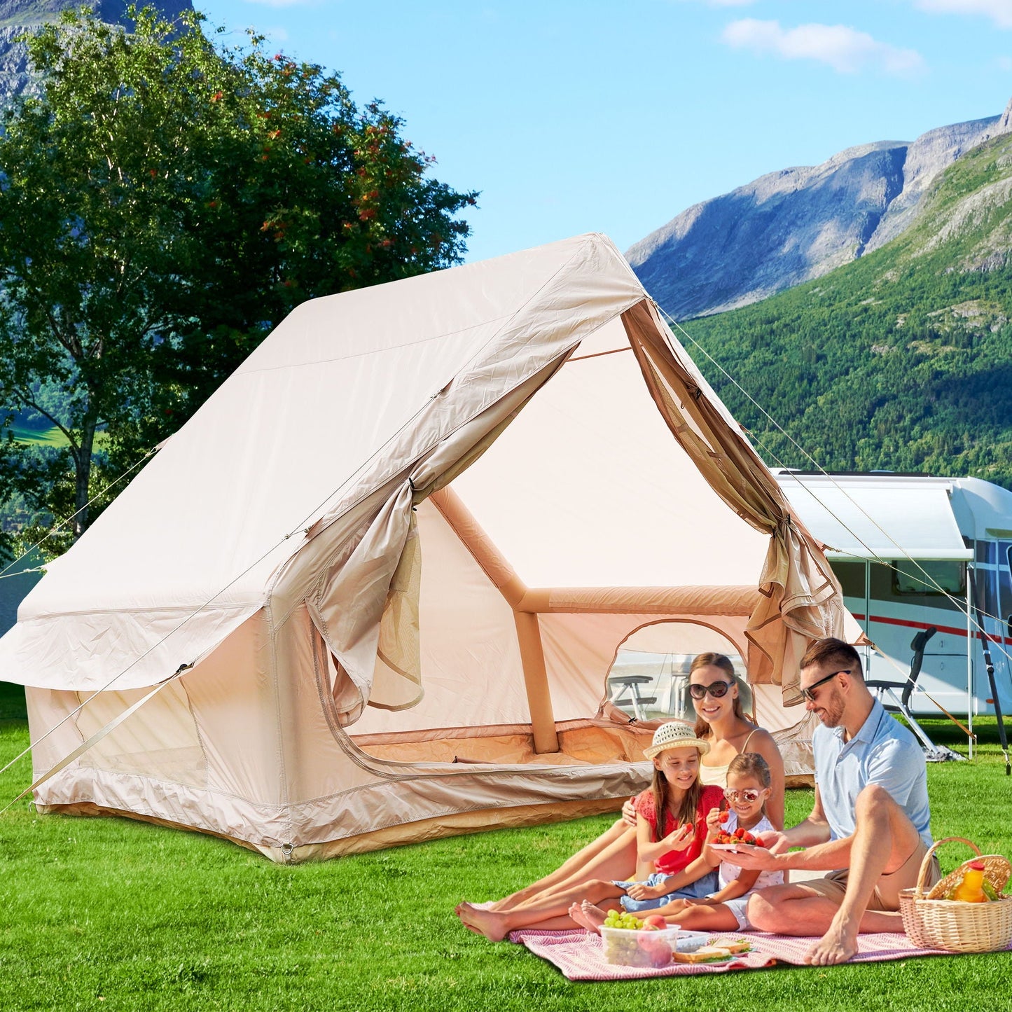 Inflatable glamping tent for 4–6 people khaki by HouseOfZazla with pump, waterproof outdoor tent set on grass on Tampa Home & Garden Store