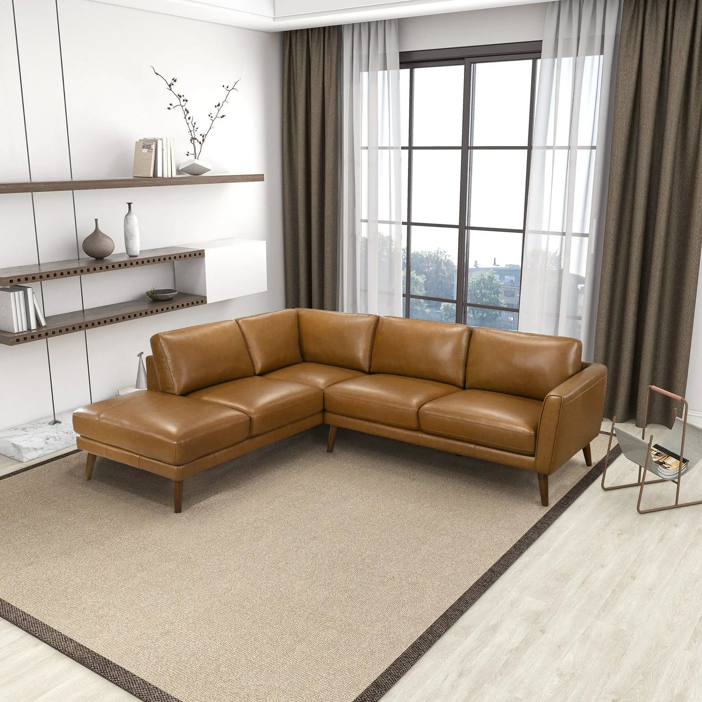 Benson - Sectional Sofa With Chaise in tan leather, L-shaped with tapered legs on Tampa Home & Garden Store