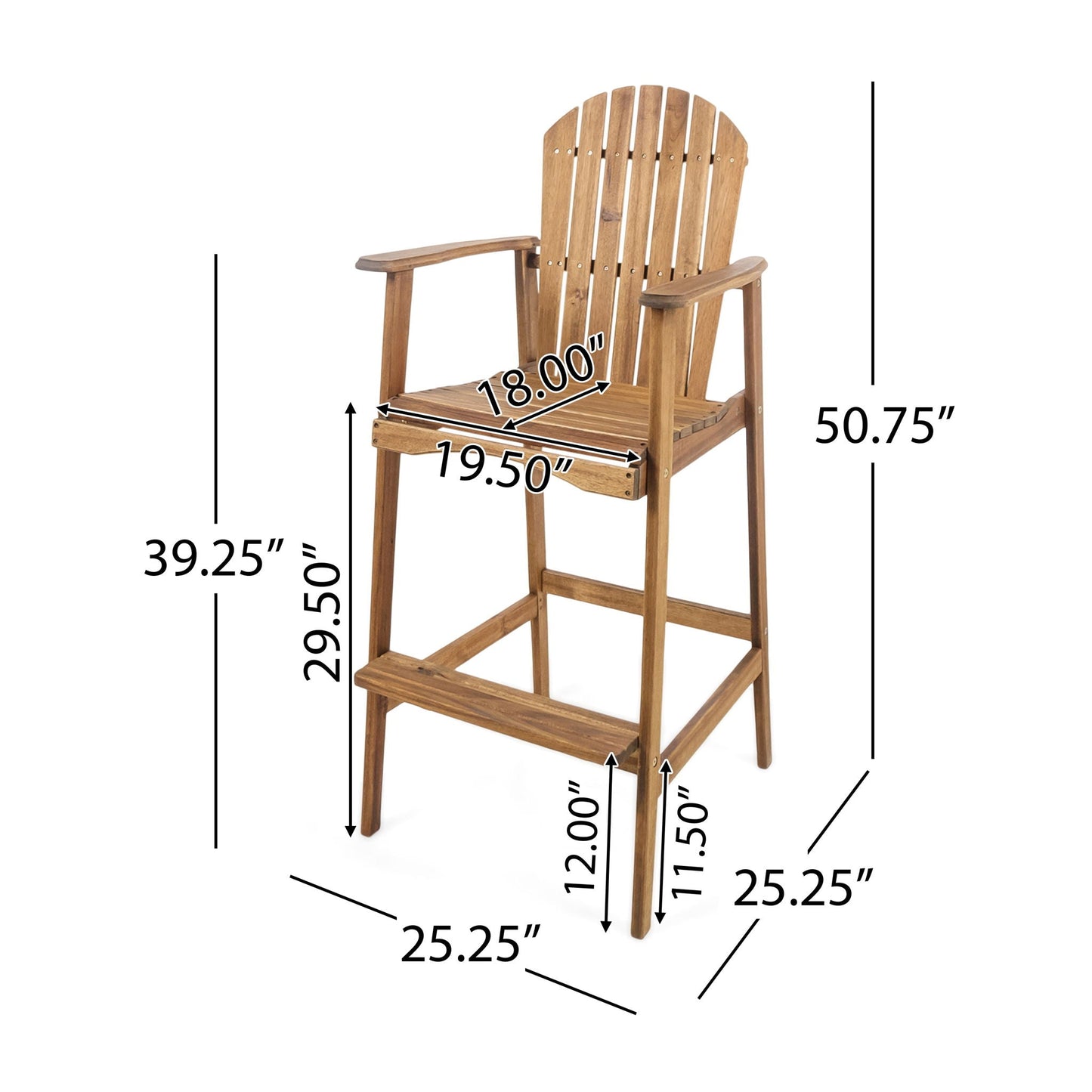 Outdoor Acacia Wood Adirondack Barstools, set of 2, natural stain, slatted back on Tampa Home & Garden Store