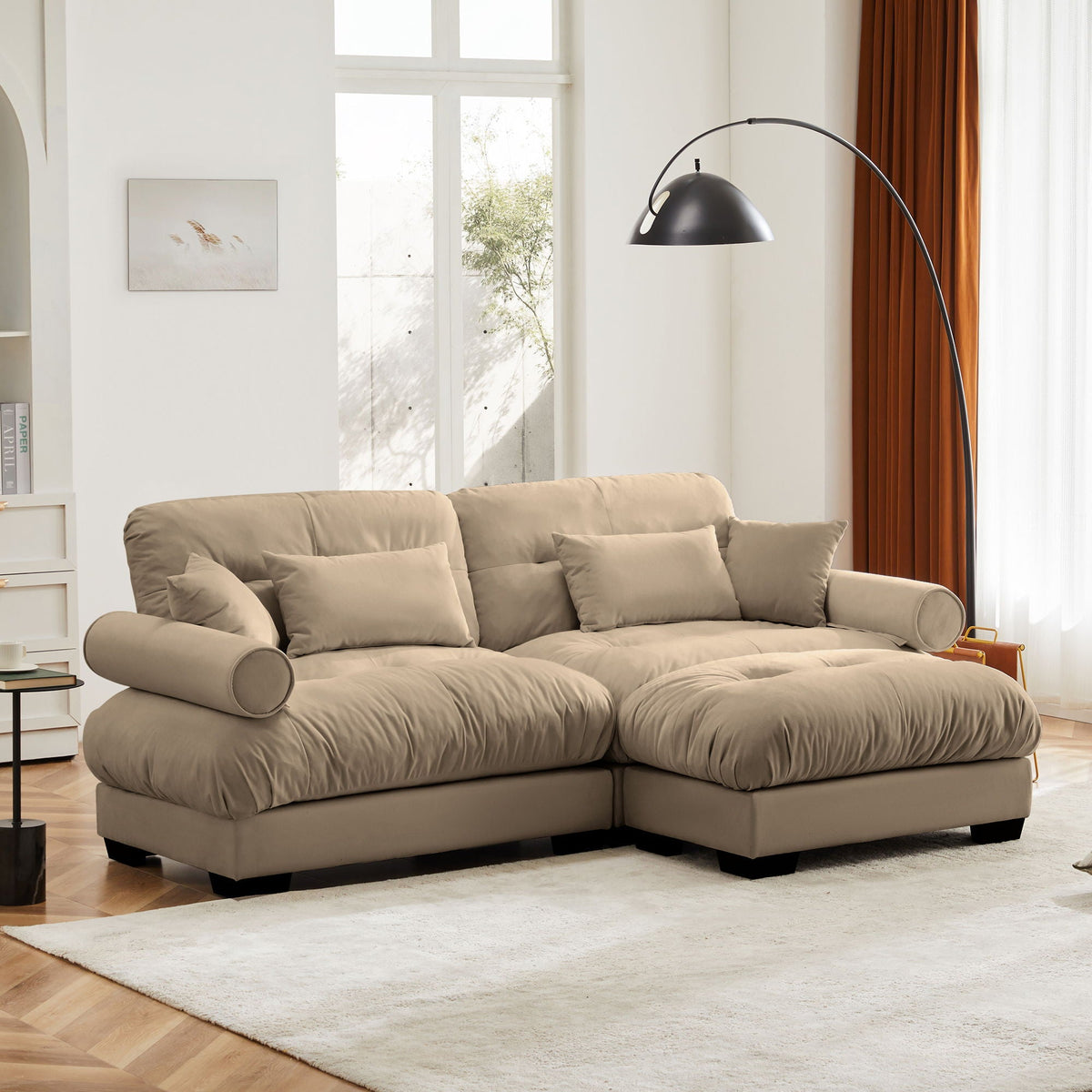 Modern 2-piece sectional with ottoman in beige round bolster arms and pillows HouseOfZazla on Tampa Home & Garden Store