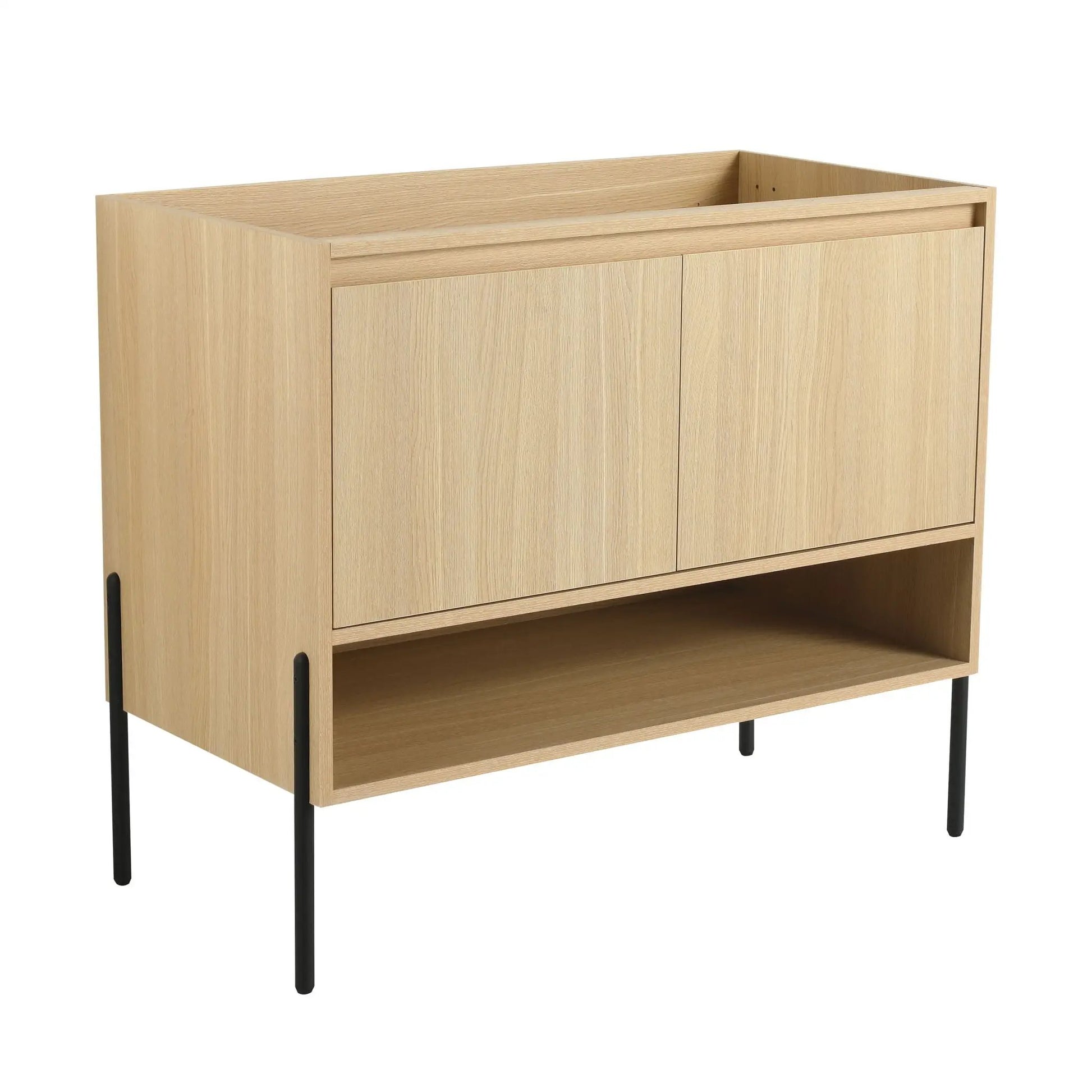 Freestanding bathroom vanity in light oak with black metal legs and soft-close doors on Tampa Home & Garden Store