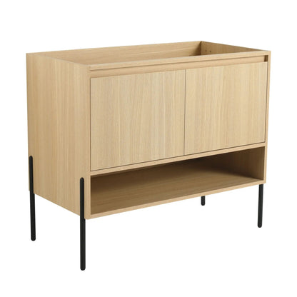 Freestanding bathroom vanity in light oak with black metal legs and soft-close doors on Tampa Home & Garden Store