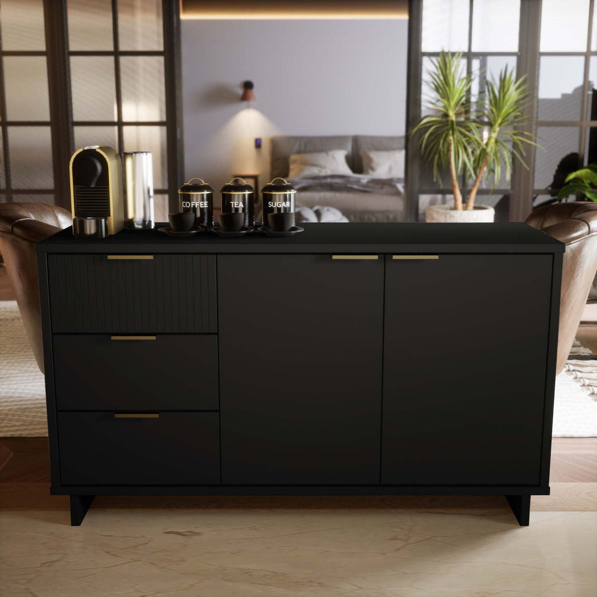 Granville Sideboard with Full Extension Drawers black finish, gold hardware, coffee on top on Tampa Home & Garden Store