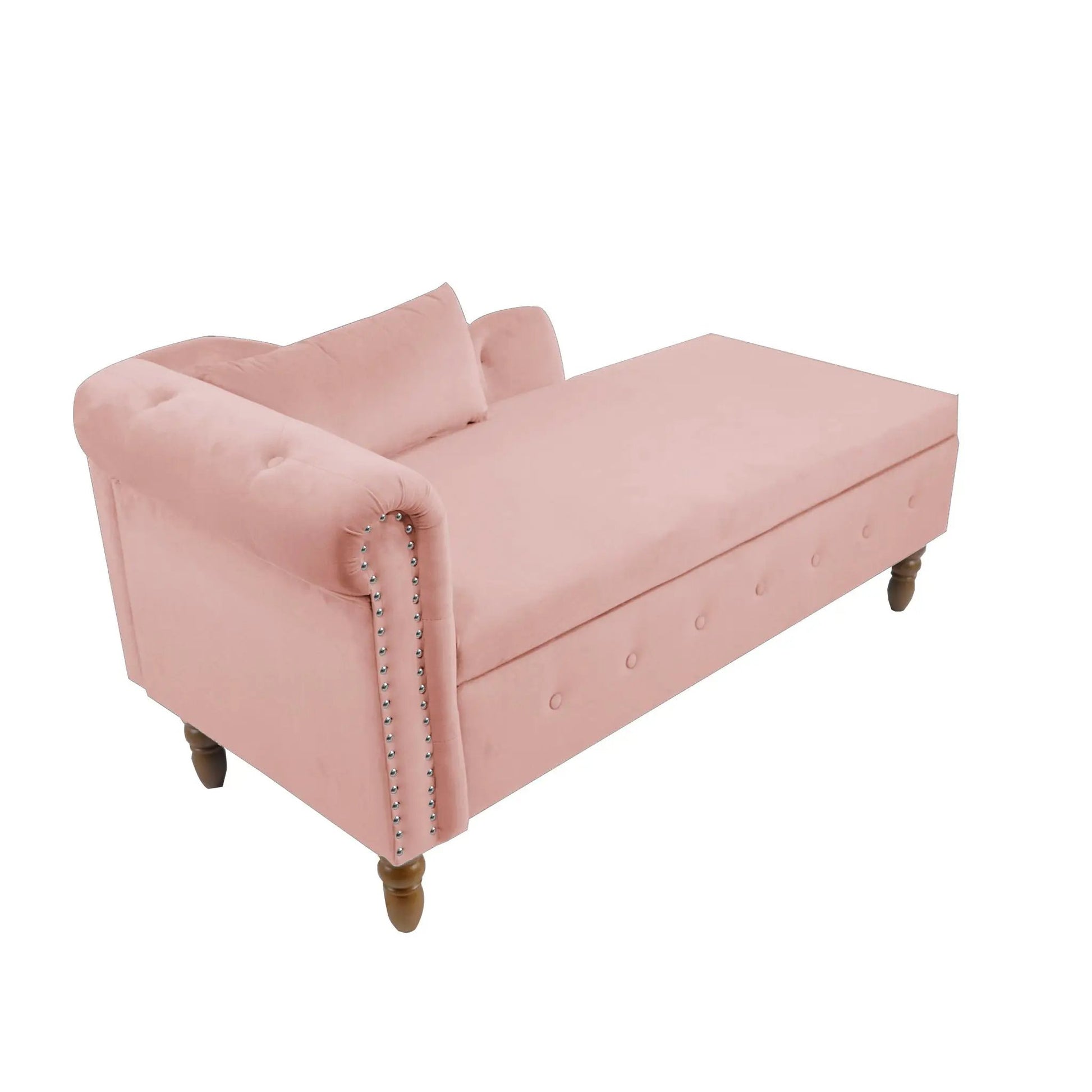 Pink velvet chaise lounge with rolled arms, nailhead trim, and wooden turned legs on Tampa Home & Garden Store
