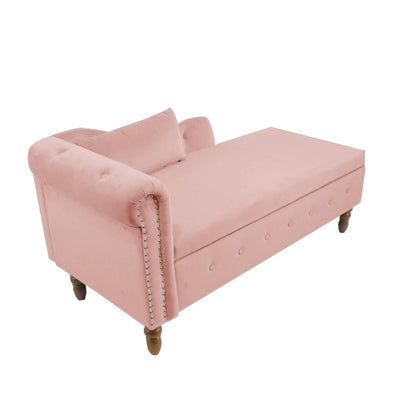Pink velvet chaise lounge with rolled arms, nailhead trim, and wooden turned legs on Tampa Home & Garden Store