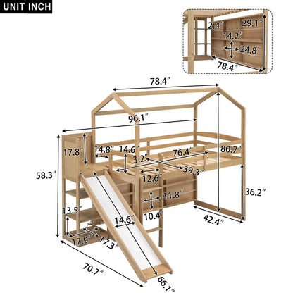House Loft Bed with Slide and Storage Shelves