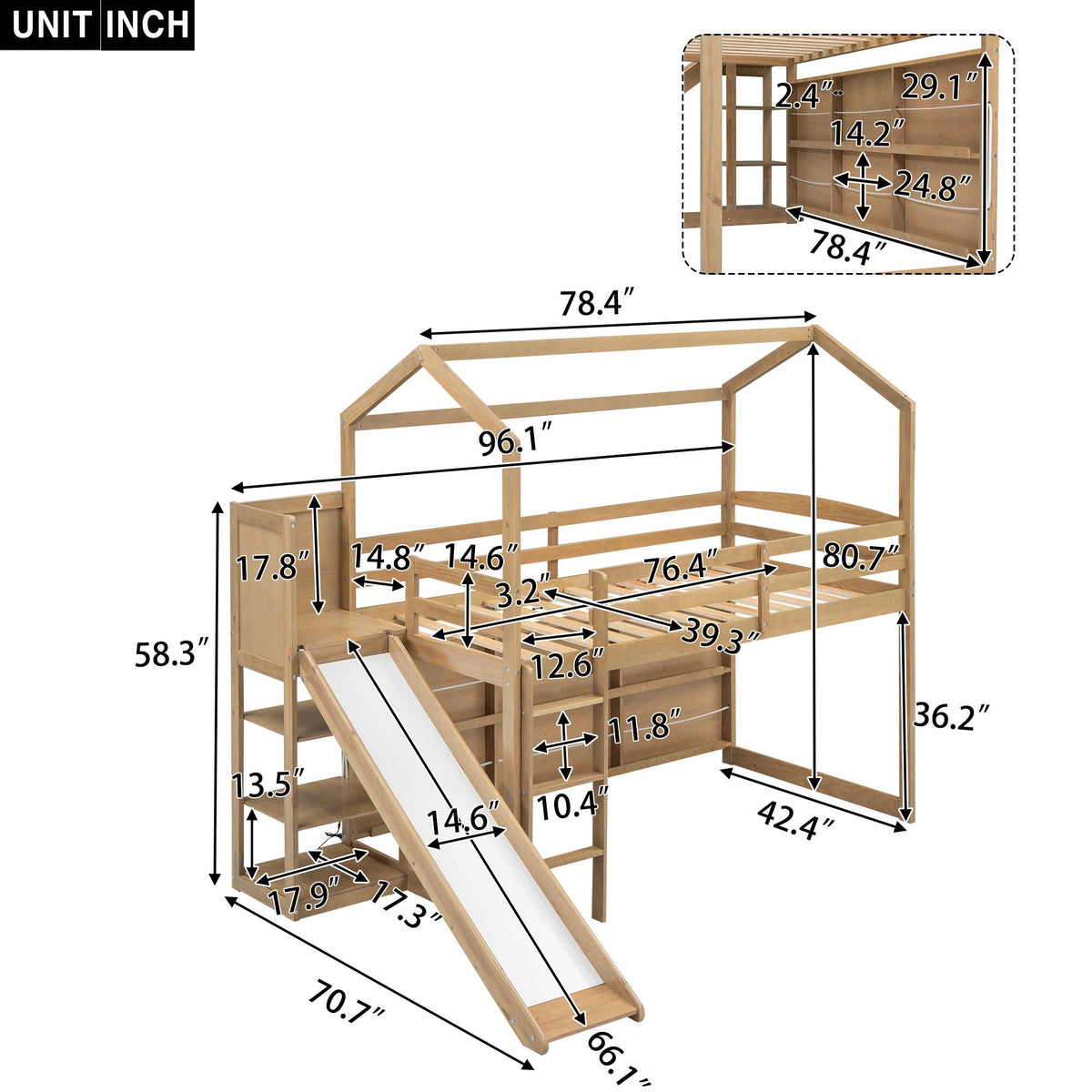 HouseOfZazla wooden loft bed with slide, climbing ramp, storage shelves and built-in light on Tampa Home & Garden Store