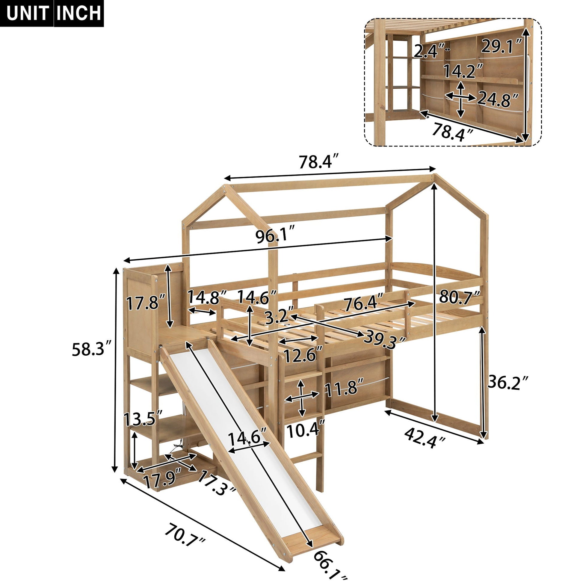 HouseOfZazla wooden loft bed with slide, climbing ramp, storage shelves and built-in light on Tampa Home & Garden Store