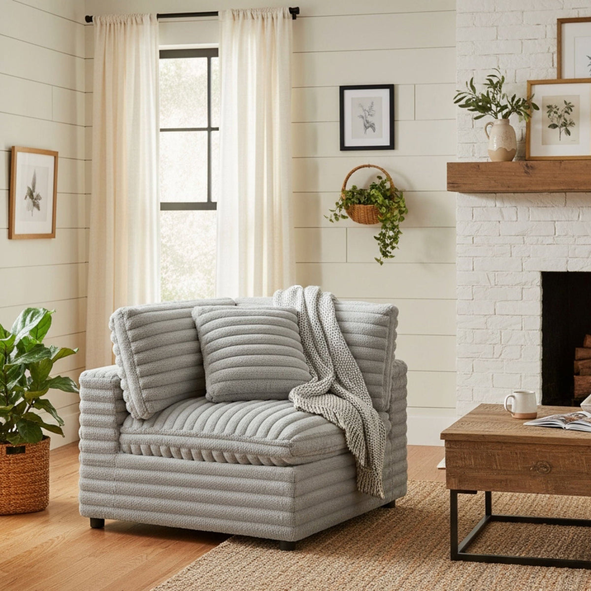 Gray corner accent chair Jenny with down-blend cushion on Tampa Home & Garden Store