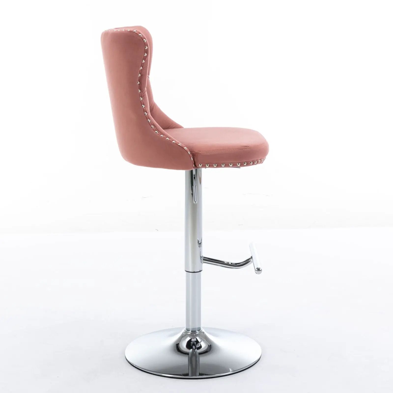 Pink upholstered swivel bar stool with chrome base, nailhead trim, adjustable height on Tampa Home & Garden Store