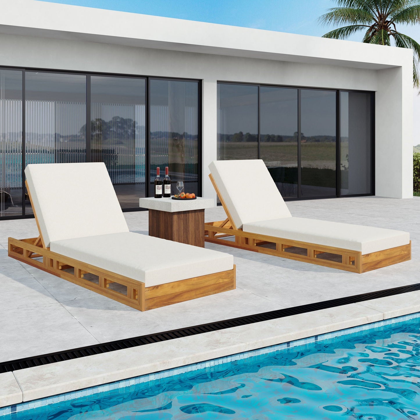 Premium acacia wood sunlounges with cream cushions, teak frame, adjustable recline (2) on Tampa Home & Garden Store