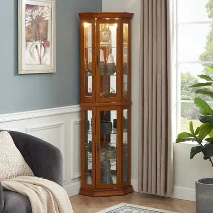 Corner curio cabinet with lights by Unique Piece Furniture, glass shelves and mirrored back on Tampa Home & Garden Store