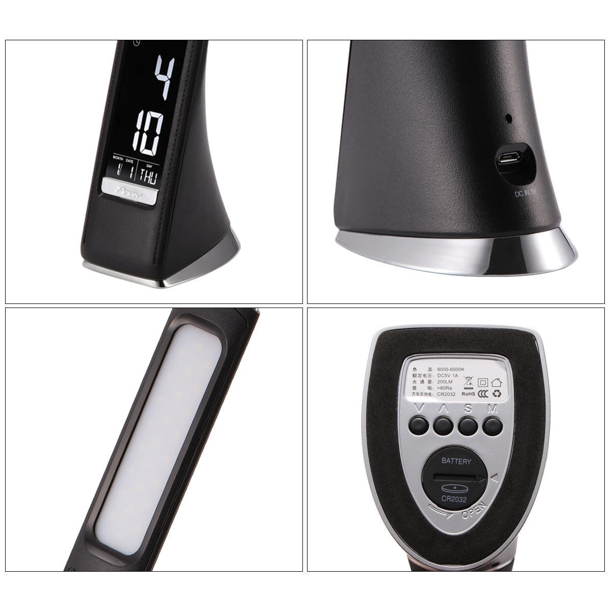 Stevvex LED desk lamp with calendar clock, dimmable reading light, black finish, USB port on Tampa Home & Garden Store